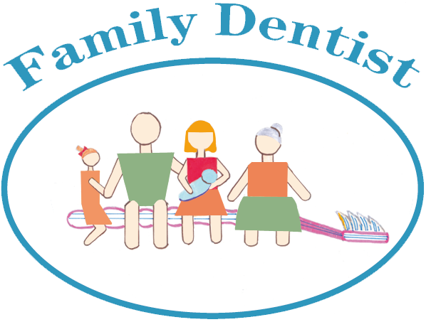 Logo der Familienzahnarztpraxis Dr. Sandra Peter-Seifert in Neu-Isenburg: Mädchen, Vater, Mutter mit Baby und Großmutter sitzen auf einer Zahnbürste, Überschrift „Family Dentist“