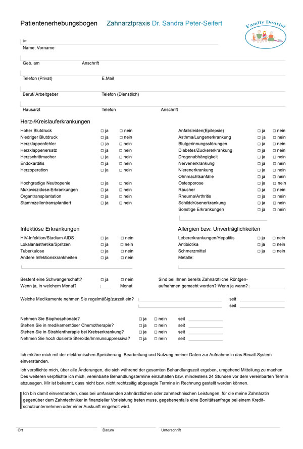 Voransicht des Patientenerhebungsbogens der Zahnarztpraxis Dr. Sandra Peter-Seifert