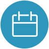 Termin Icon: weißer Kalender auf blauem Vollkreis