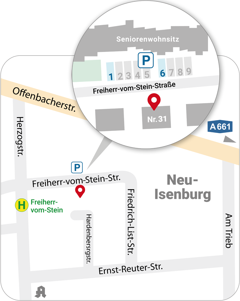 Lageplan der Praxis Dr. Peter-Seifert in der Freiherr-vom-Stein-Straße in Neu-Isenburg 31 mit Lupenansicht der Parkplätze vor dem Seniorenwohnsitz.